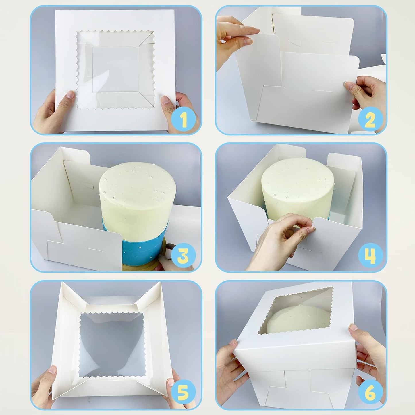 KEEPARTY 15 PCS White Tall Cake Boxes with Window 3 Sizes 12x12x12 10x10x10 8x8x8 Inches Bakery Cake Boxes Square Cake Containers
