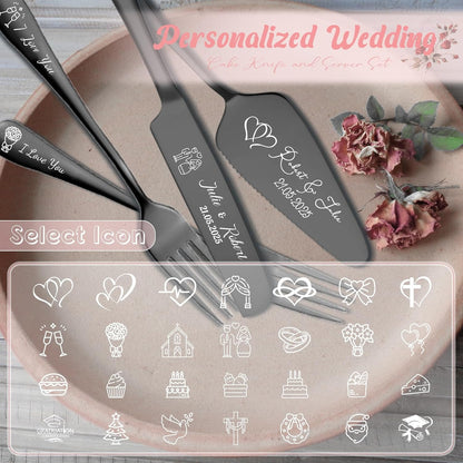 Personalized Cake Cutter Custom Wedding Cake Knife and Server Set Stainless Steel Cake Cutting Set Customize Gifts for Wedding Birthday (Black)