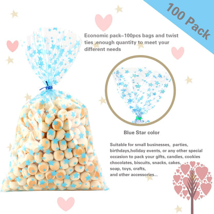 100 Pcs Star Printed 5"X 7" Gift Wrap Cello Cellophane Treat Bags Party Favor bags Clear Candy Cookie Bag Plastic Poly Goodie Storage Bag with Twist Ties for Bakery,Birthday, Wedding ,Party Decorations (Gold)