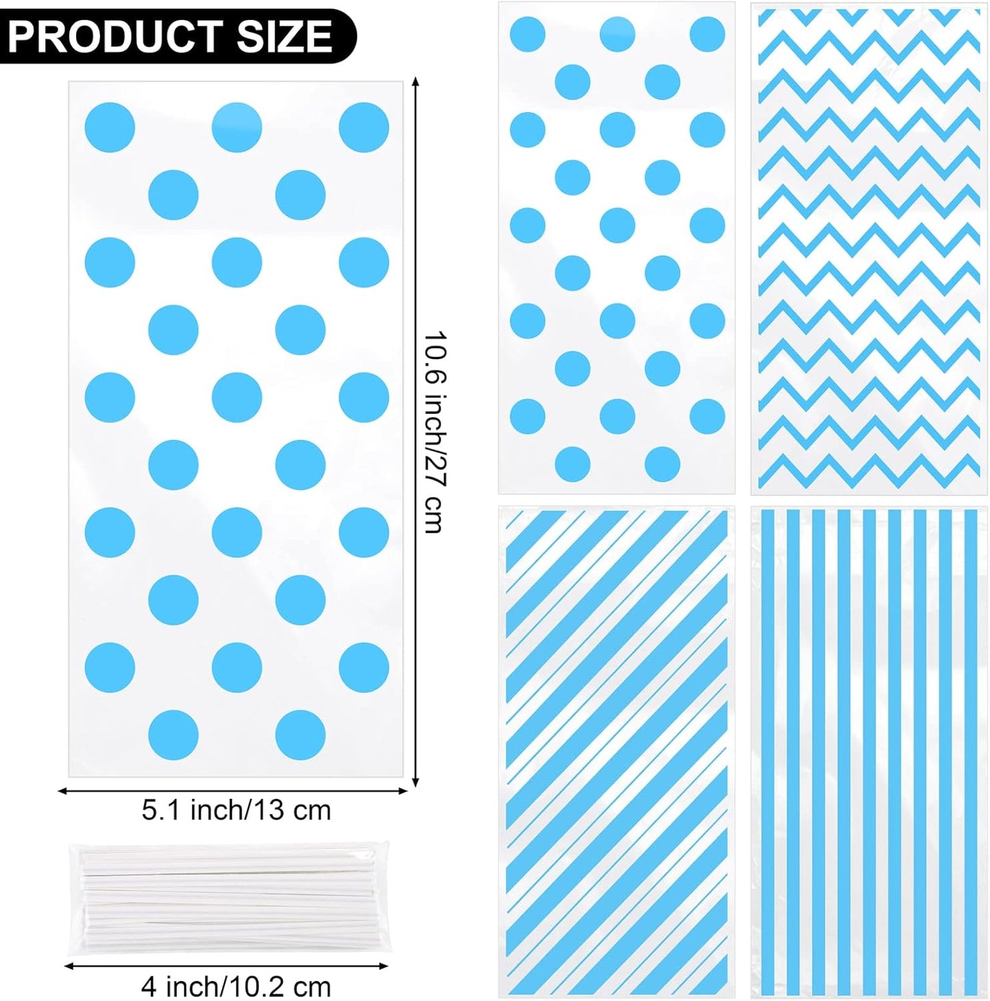 Aodaer 100 Pieces 10.6 x 5.1 In White Cellophane Bags Plastic Candy Gift Bag Cellophane Treat Bags with Twist Ties Stripes Polka Dot Printed Pattern Goodie Bag for Birthday Weddings Party Favors