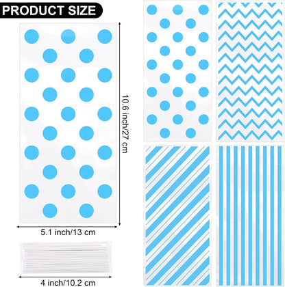 Aodaer 100 Pieces 10.6 x 5.1 In White Cellophane Bags Plastic Candy Gift Bag Cellophane Treat Bags with Twist Ties Stripes Polka Dot Printed Pattern Goodie Bag for Birthday Weddings Party Favors