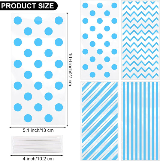 Aodaer 100 Pieces 10.6 x 5.1 In White Cellophane Bags Plastic Candy Gift Bag Cellophane Treat Bags with Twist Ties Stripes Polka Dot Printed Pattern Goodie Bag for Birthday Weddings Party Favors