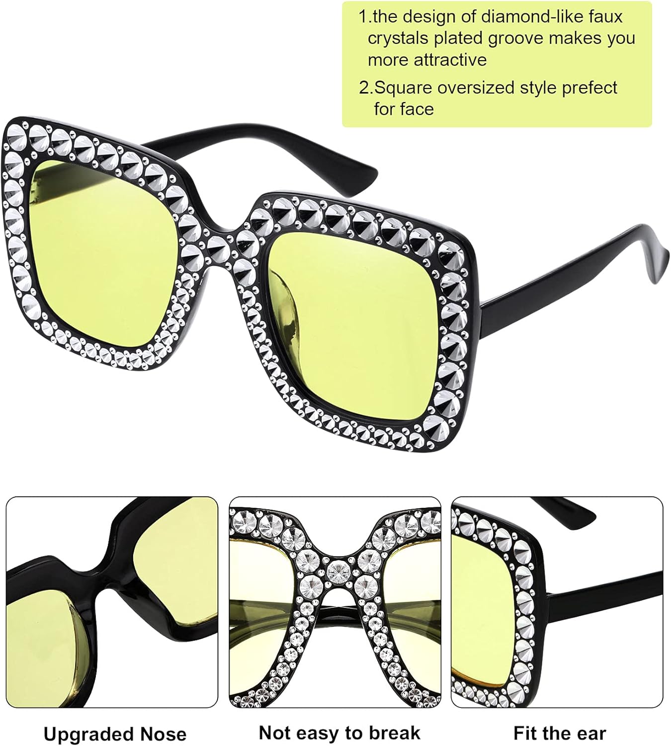 9 Pairs Rhinestone Oversized Square Sunglasses for Women Sparkling Bling Crystal Sunglasses AC Frame Glasses for Women