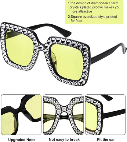 9 Pairs Rhinestone Oversized Square Sunglasses for Women Sparkling Bling Crystal Sunglasses AC Frame Glasses for Women