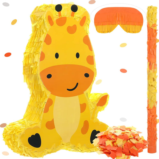 Sratte Piñata Bundle with a Blindfold and Bat (16 x 12 x 3 Inches), Cute Animal Piñata for Birthday Party Toys Decoration for Animal Theme Birthday Party Game Supplies Photo Prop(Giraffe)
