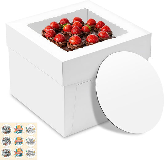3 Pack Cake Boxes, 10x10x8 Inches Tall Cakes Box with Window, White Cake Boxes with Cakes Boards, Square Bakery Box, for Cake, Treat Cookie Dessert, Pastry, Birthday Party, Mother's Day, Weddings