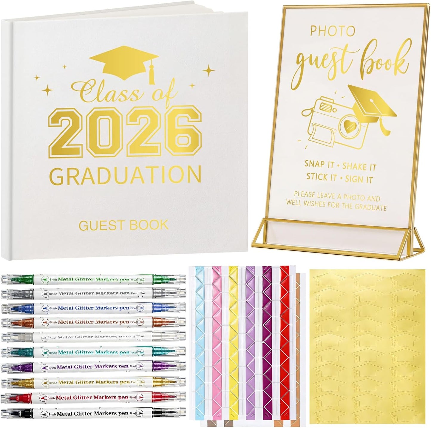 Pajean Graduation Guest Book Set Class of 2026 Memory Scrapbook with Photo Guest Book Sign Dual Tip Pens Photo Corner Stickers Grad Cap Stickers for Grad Party Decorations Supplies Gifts (Black)