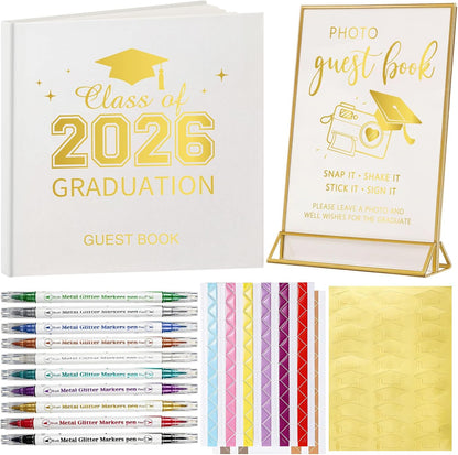 Pajean Graduation Guest Book Set Class of 2026 Memory Scrapbook with Photo Guest Book Sign Dual Tip Pens Photo Corner Stickers Grad Cap Stickers for Grad Party Decorations Supplies Gifts (Black)