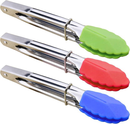 HINMAY Small Tongs with Silicone Tips 7-Inch Mini Serving Tongs, Set of 6 (Green Red Blue Purple Pink Orange)