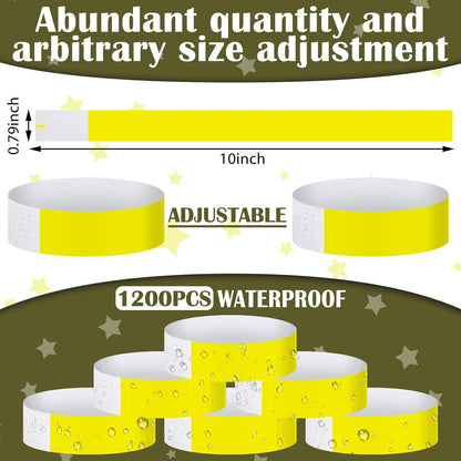 Tudomro 1200 Pack Plastic Paper Wristbands for Events Neon Party Wrist Bands Colored Waterproof Concert Identification Hand Bands Lightweight Adhesive Wristband(Yellow, Green, Blue, Red, Purple, Pink)