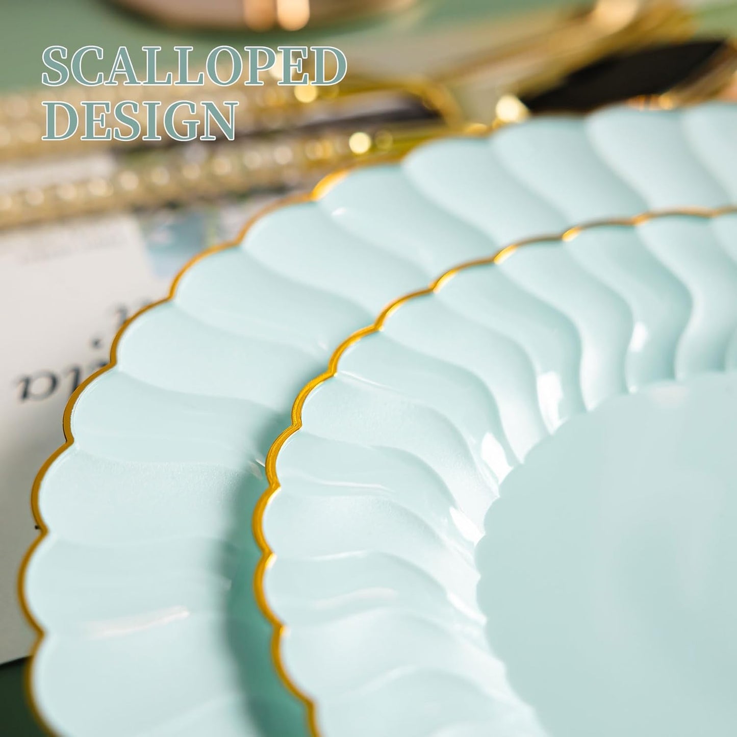 Lullaby 60PCS Ivory Scalloped Plastic Plates with Gold Rim, Disposable Elegant Plates Include 30pcs Dinner Plate 10.25", 30pcs Plastic Dessert Plate 7.5", Perfect for Wedding and Party