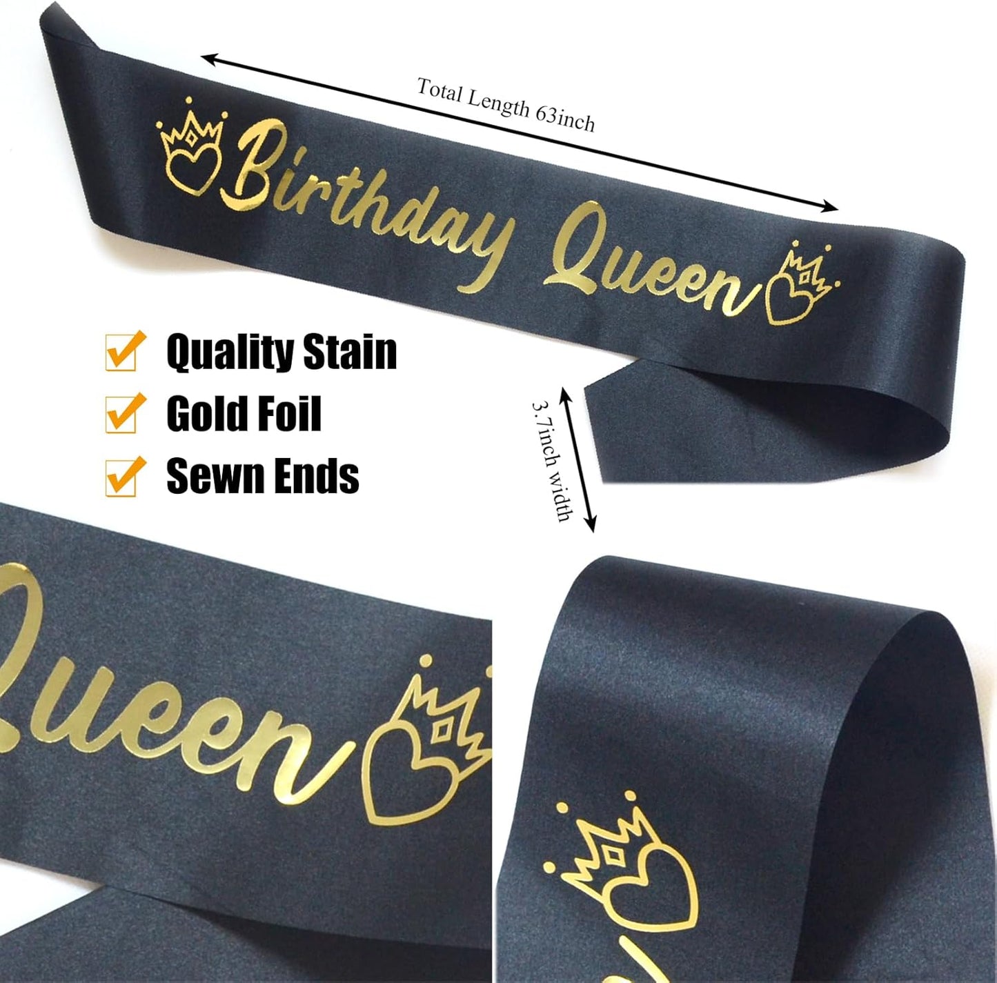 Luwigs Birthday Queen Sash Black Satin with Gold Foli Letter Happy Birthday Sash Gifts for Women and Girls Party Decorations Supplies (Black)