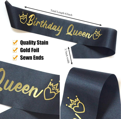 Luwigs Birthday Queen Sash Black Satin with Gold Foli Letter Happy Birthday Sash Gifts for Women and Girls Party Decorations Supplies (Black)