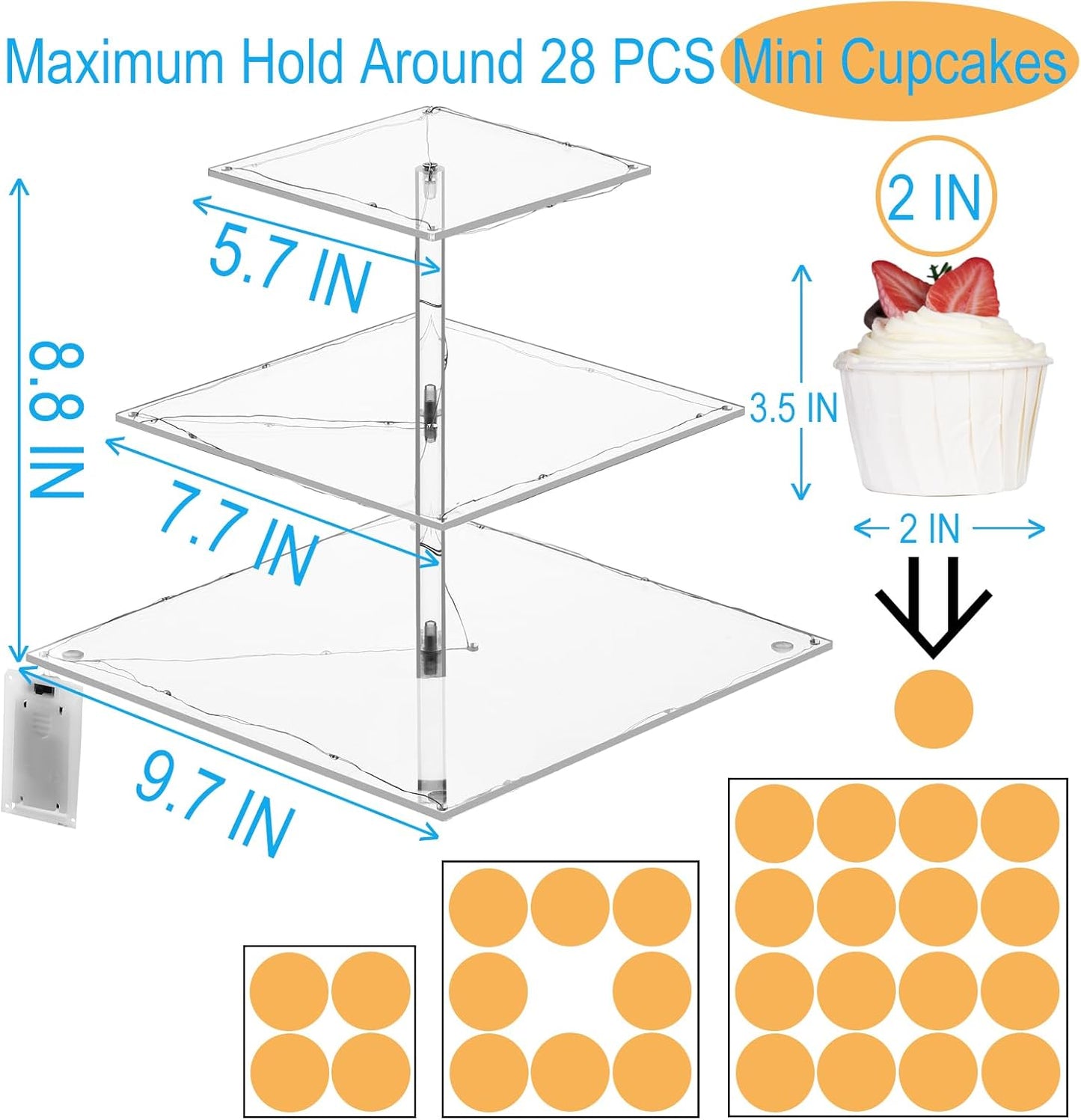 HENABLE 3 Tier Cupcake Stand Cupcake Holder, Acrylic Cupcake Tower with LED Yellow Light for 24 Cupcakes, Dessert Table Display Set for Birthday, Bar, Decor Weddings, Parties Events