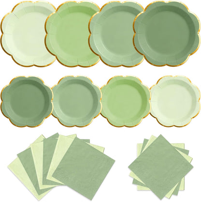 Sage Green Plates and Napkins Party Supplies for 20 Guests,Green Scalloped Paper Plates with Gold Rim, Elegant Disposable Tableware Set for Birthday,Baby Shower, Wedding, Bridal & Tea Party,60 PCS