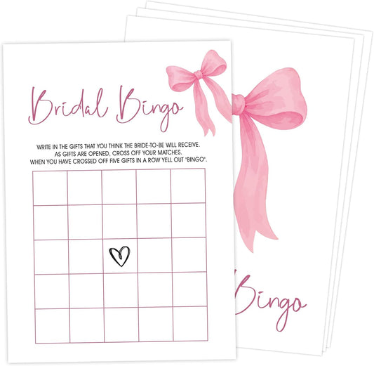 Pink Bow Bridal Shower Bingo Game with Blank Squares, Pack of 30 Game Cards, Bridal Shower Decorations, Wedding Engagement Decor, Bachelorette Party Supplies - KR05