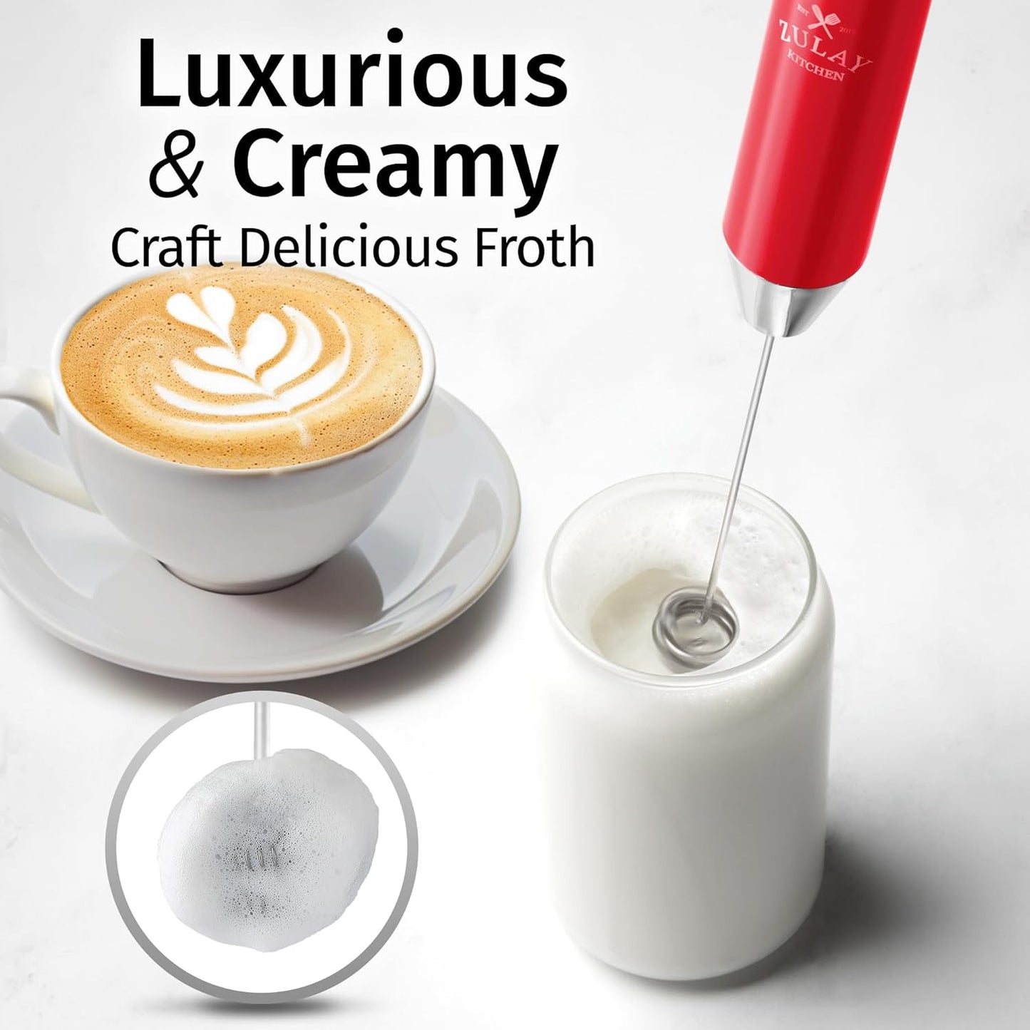 Zulay Kitchen Powerful Milk Frother Wand With Duracell Batteries - Ultra Fast Handheld Drink Mixer - Electric Whisk Foam Maker for Coffee, Lattes, Cappuccino & Matcha - Z1 Motor - Black - Colors C
