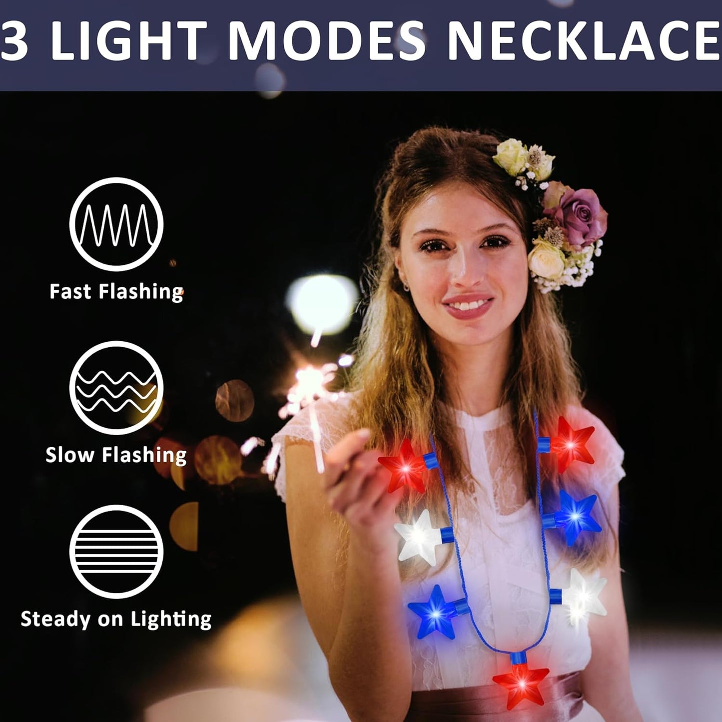 4th of July Necklace Accessories, 1PCS Light up Independence Day Necklaces Party Favor, Red White Blue 250th Anniversary Patriotic Fourth of July 7 Light Necklace, Glow Accessories Memorial Parades