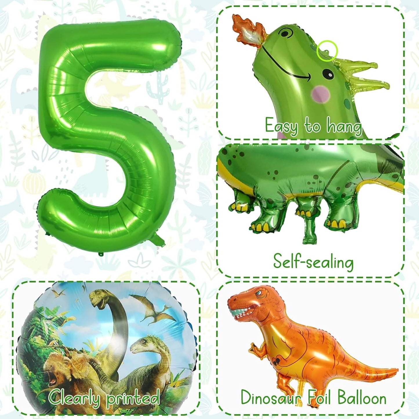 Dinosaur 5th Birthday Decorations, Dinosaur Birthday Party Decorations with Giant Inflatable Dinosaur Balloons 40 Inch Helium Foil Mylar Number 5 Balloons for Dinosaur Theme Birthday Party Decorations