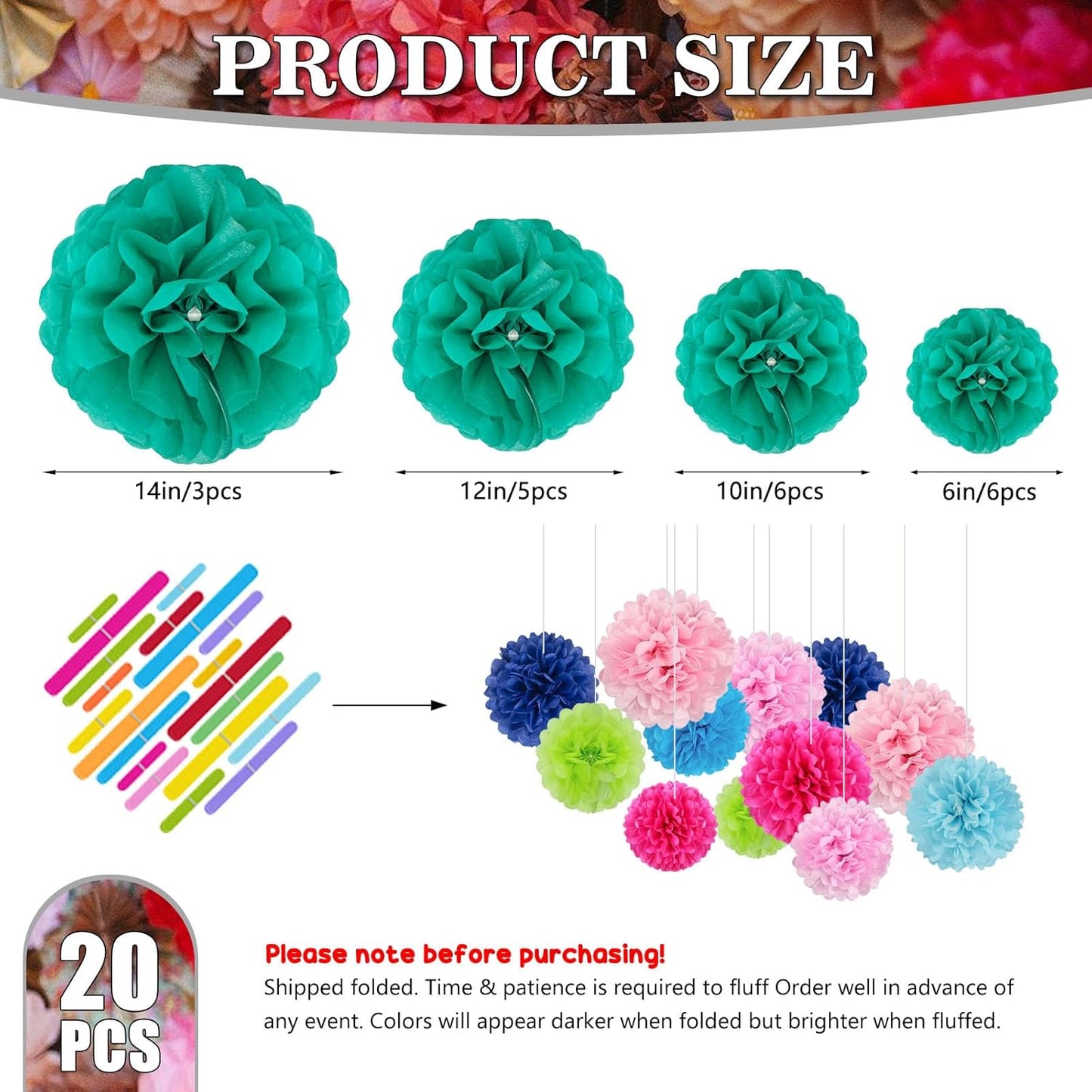 Tissue Paper Pom Poms, Pink Tissue Paper Flowers, Hanging Flower Balls for Weddings Fiesta Parties Birthday Baby Showers Classroom Bridal Shower Decoration (18Piece Set-6/10/12/14Inch)