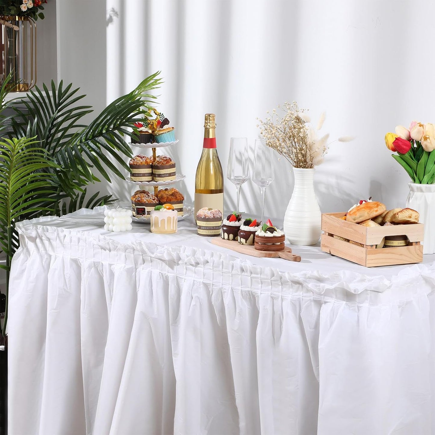 Oudain 6 Pcs Plastic Table Skirts and Stainproof Table Cloths 54 x 108 in Plastic Ruffle Tablecloth 168 x 29 Inches Disposable for Wedding Baby Shower Valentine Spring Easter Party(White)