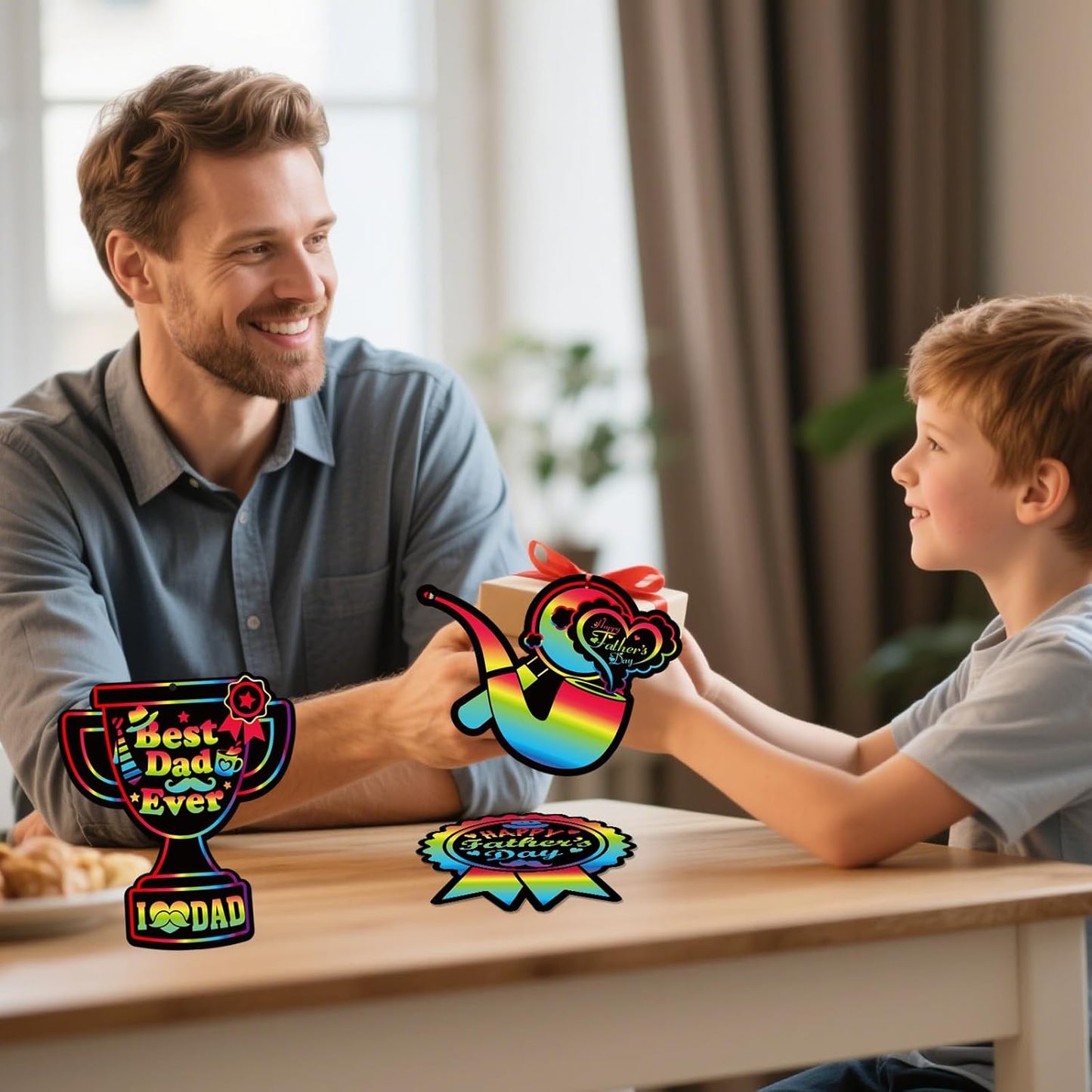 HOWAF 36pcs Father’s Day Scratch Paper Crafts Love Dad Scratch Cards Best Dad Rainbow Scratch Off Cards for Fathers Day Activity School DIY Drawing, Feliz Dia Del Padre Paper Scratch Pad for Kids