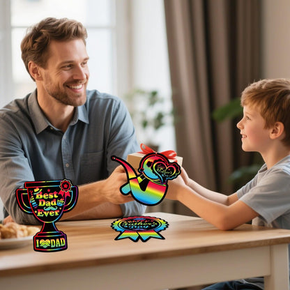 HOWAF 36pcs Father’s Day Scratch Paper Crafts Love Dad Scratch Cards Best Dad Rainbow Scratch Off Cards for Fathers Day Activity School DIY Drawing, Feliz Dia Del Padre Paper Scratch Pad for Kids