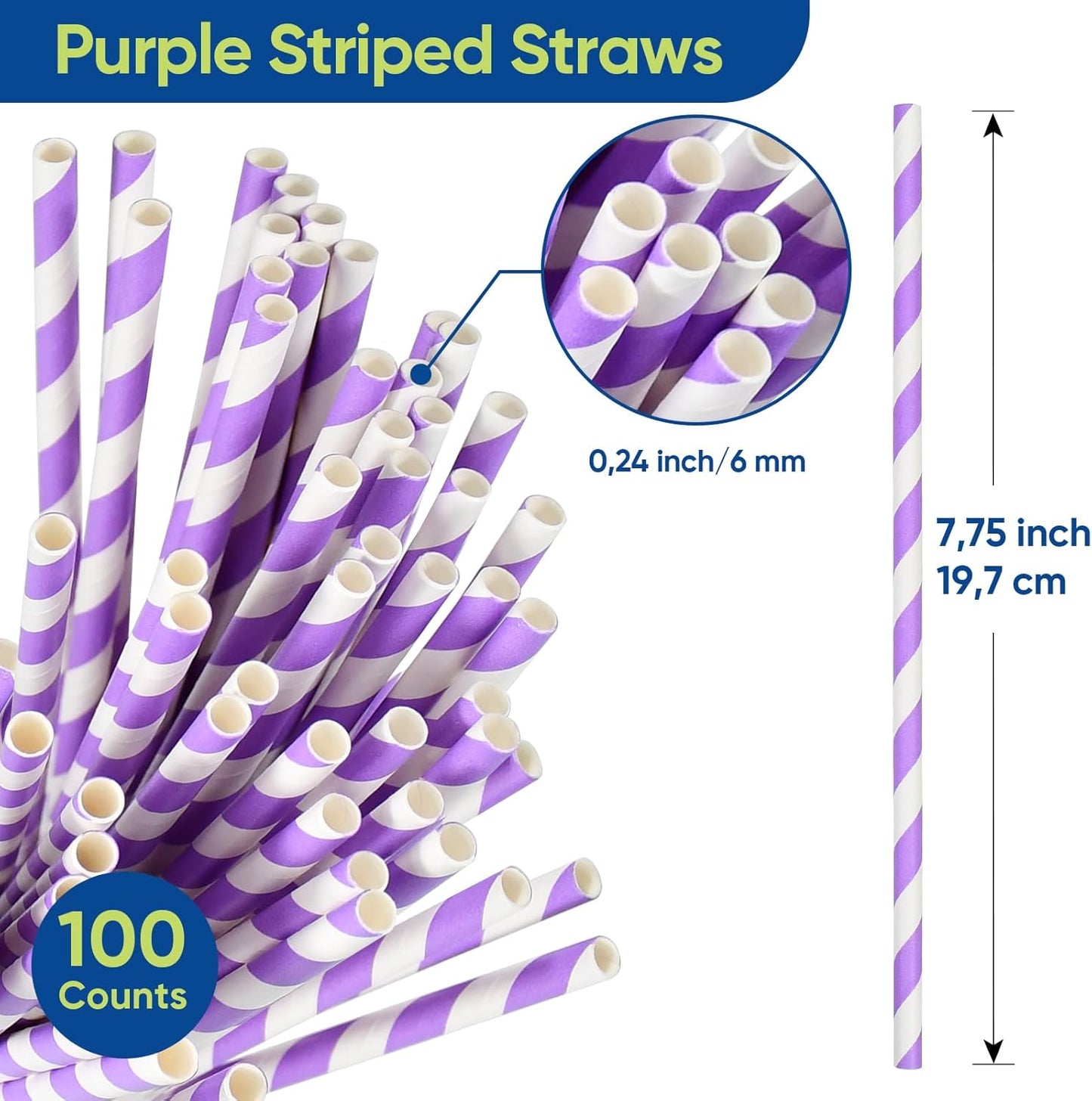 Disposable Paper Straws Solid Green - 7.75'' x 0.24'', 100 Counts - for Drinking, Beverage, Juice, Soda, Bar Supplies