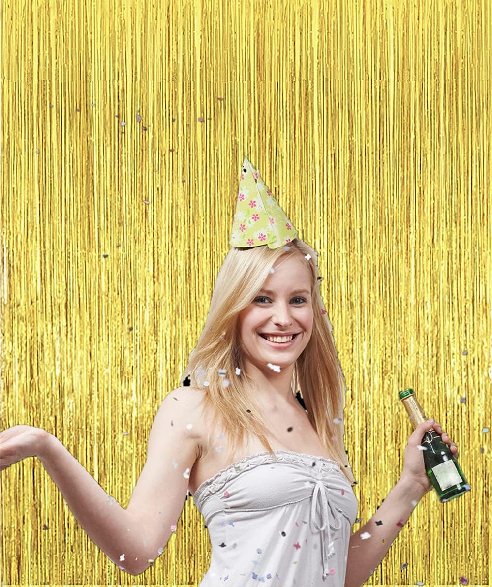 i-CHONY 2 Pcs 3.2ft x 8.2ft Champagne Gold Metallic Tinsel Foil Fringe Curtains Photo Booth Backdrop for Baby Shower Birthday Wedding Holiday Celebration Bachelorette Party Decorations