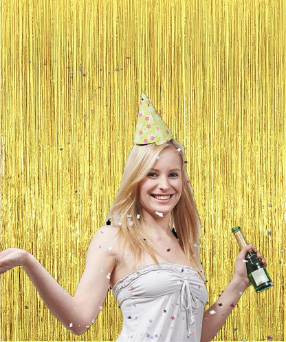i-CHONY 2 Pcs 3.2ft x 8.2ft Champagne Gold Metallic Tinsel Foil Fringe Curtains Photo Booth Backdrop for Baby Shower Birthday Wedding Holiday Celebration Bachelorette Party Decorations