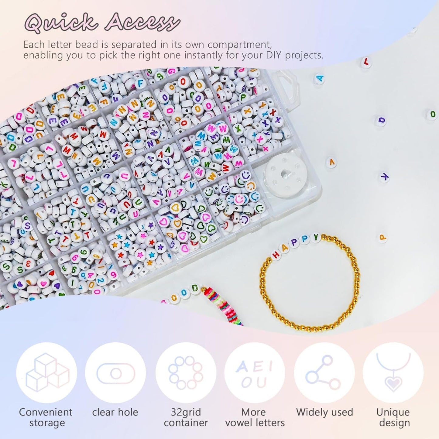 Amaney 1400pcs Glow Letter Beads, Heart Beads Whit Elastic Beading Cord,4x7mm Round Acrylic Alphabet Beads for Friend Bracelet Jewelry Making