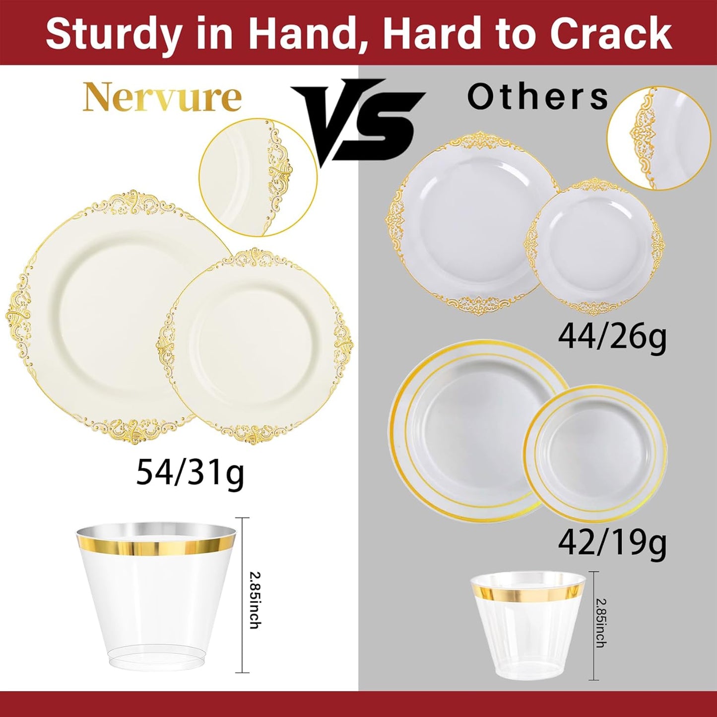 Nervure 350PCS Gold Plastic Plates - Gold Plastic Dinnerware Sets for 50 Guests - 100 Disposable Plates, 150 Silverware, 50 Cups, 50 Napkins for Wedding & Party & Mothers Day
