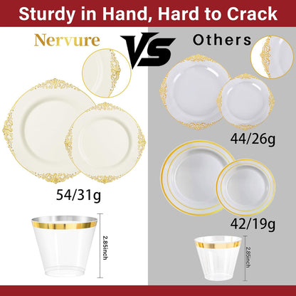 Nervure 350PCS Gold Plastic Plates - Gold Plastic Dinnerware Sets for 50 Guests - 100 Disposable Plates, 150 Silverware, 50 Cups, 50 Napkins for Wedding & Party & Mothers Day