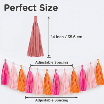 Tissue Paper Tassel Garland – 15-Pack Pink, Rose & Orange, 14-Inch DIY Party Decor for Baby Shower, Wedding & Photo Backdrop
