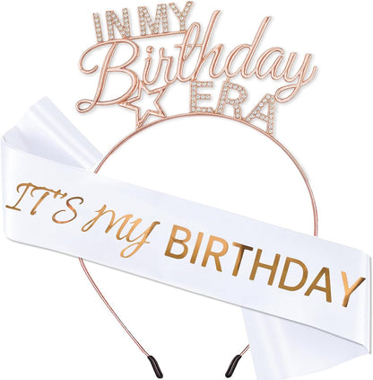 Birthday Sash and Tiara for Women – In My Birthday Era Rose Gold Rhinestone Headband, It’s My Bday Satin Sash, Classy Birthday Outfit Accessories