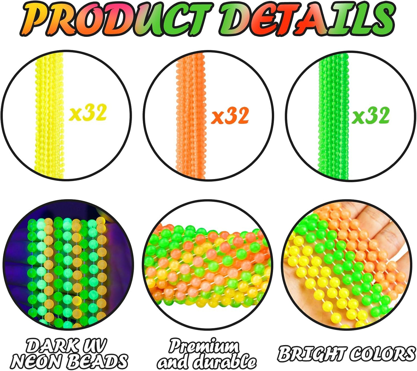 Glow in the Dark Beads Necklaces Glow Party Supplies, 33" Yellow Green Orange UV Black Light Necklaces for Glow Party Favors Night Accessories, Halloween Birthday Party Decorations