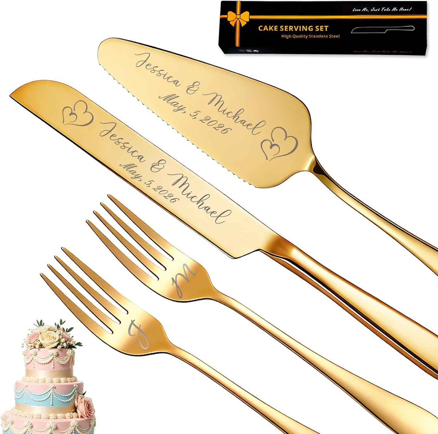 Personalized Wedding Cake Knife and Server Set, Custom Engraved Cake Cutting Set with Name Date, Customized Wedding Gifts for Birthday Bride & Groom (2 - Piece Set)