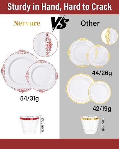 Nervure 350PCS Gold Plastic Plates - Gold Plastic Dinnerware Sets for 50 Guests - 100 Disposable Plates, 150 Silverware, 50 Cups, 50 Napkins for Wedding & Party & Mothers Day