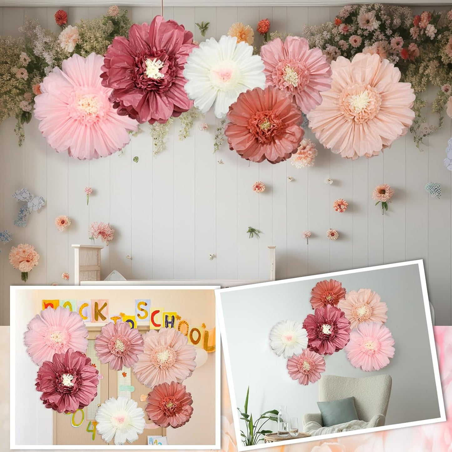 Giegxin 20 Pcs 31.5'', 23.6'', 11.8'', 9.8'' Pink Giant Paper Flower Boho Large Tissue Flower for Wall Pink Pom Pom Floral Decoration for Wall Wedding Bridal Shower Classroom Tea Party Birthday Decor