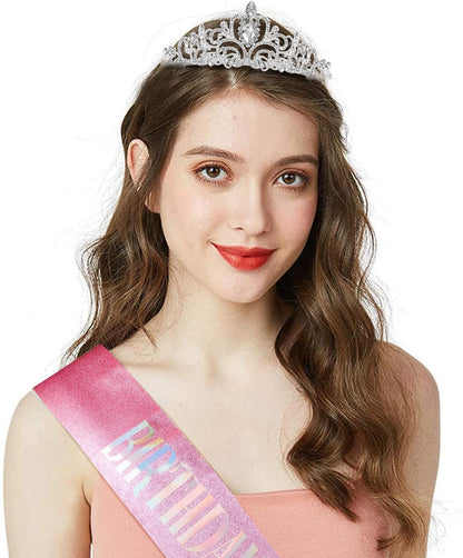 COCIDE Birthday Queen Sash & Rhinestone Tiara Set Gold Happy Birthday Crowns for Women Party Decoration Kit Rhinestone Headband for Women Glitter Crystal Hair Accessories for Cake Topper