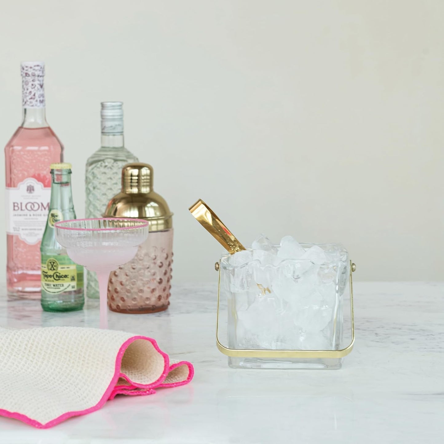Creative Co-Op 24-Ounce Textured Glass Ice Bucket with Gold Finish Handle and Tongs, Clear/Gold