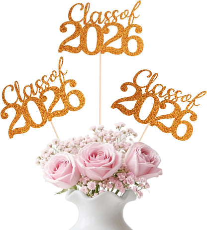 Gold Class of 2026 Double-sided Graduation Table Centerpieces, 12 Pcs Grad Party Decorations with Sticks, Graduation 2026 Party Supplies for Table Decor
