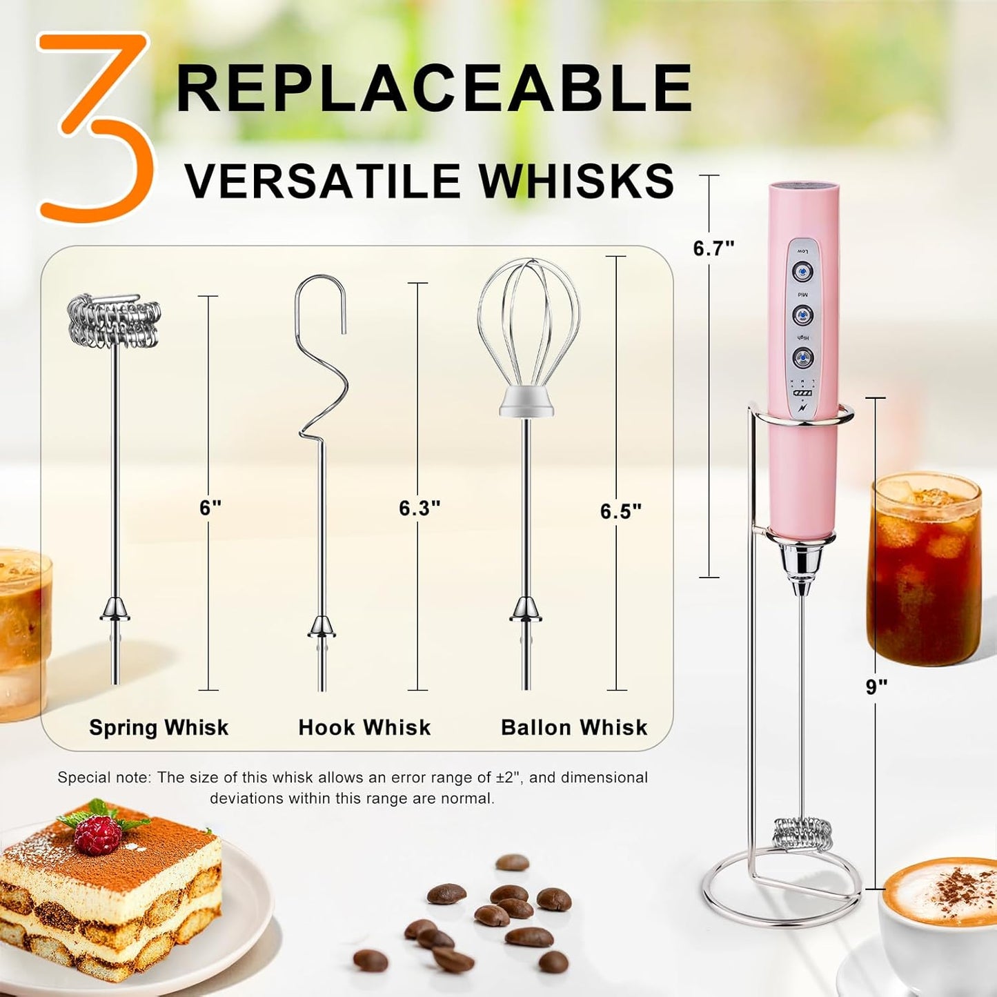 YUSWKO Black Handheld Milk Frother Wand for Coffee, Rechargeable Electric Whisk with 3 Heads 3 Speeds Drink Mixer Coffee Frother For Latte, Cappuccino, Hot Chocolate, Egg