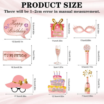 33PCS Glitter Birthday Photo Booth Props, LMSHOWOWO Rose Gold Party Photobooth Props Fun Selfie Props with Lips, Crowns, Flowers, Lipsticks for All Ages Girls Women Birthday Decorations