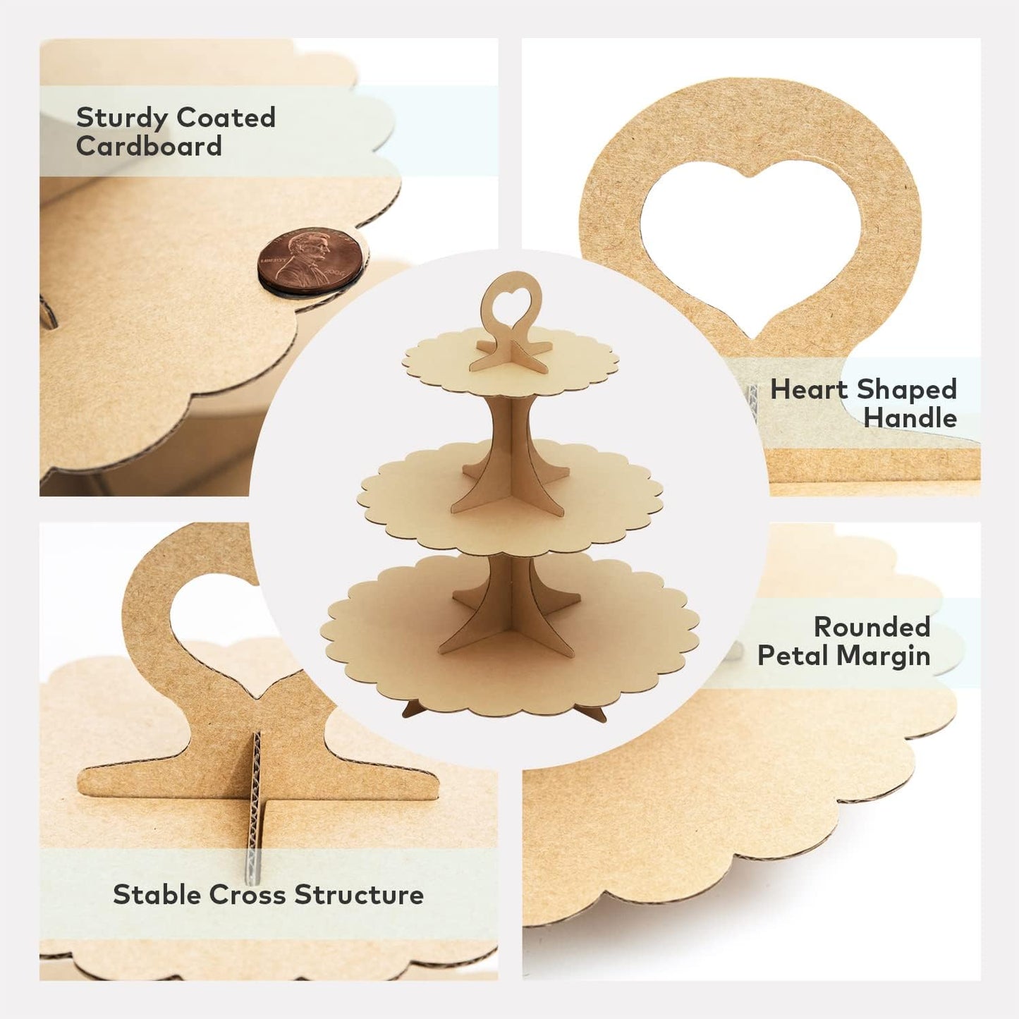 White Cupcake Stand Tower, 3-Tier Cardboard Dessert Display with Heart Handle,Perfect for Birthday Baby Shower Wedding Tea Party Graduation, Easy 60-Second Assembly, Holds 12+Cupcakes (1-Pack)