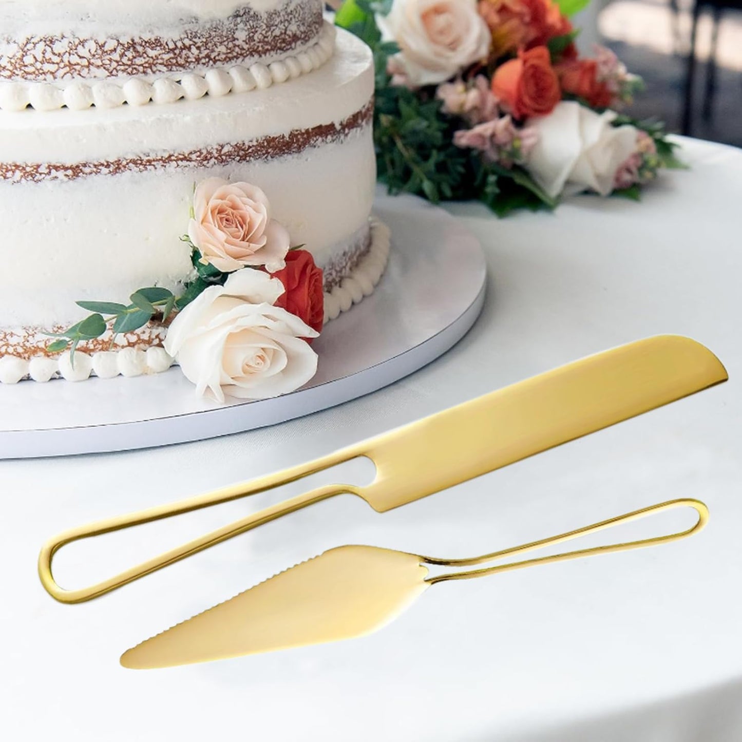 Cake Cutting Set for Wedding -Hollow Handle Cake Knife And Server Set Stainless Steel Cake Cutter and Pie Spatula for Wedding, Birthday, Parties and Events,Anniversary Christmas Gift,Golden 2Pcs