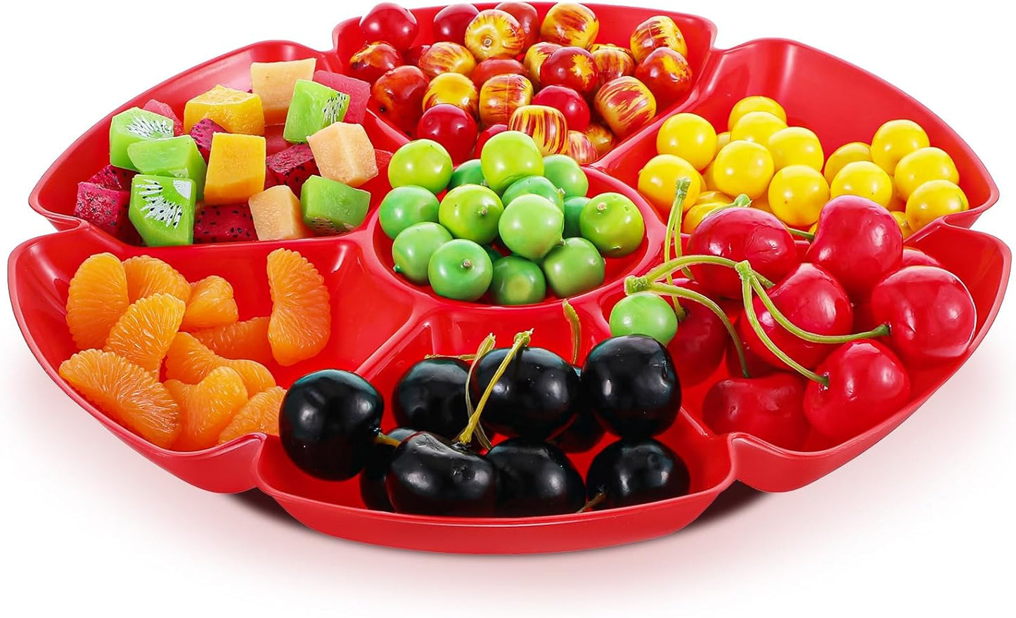Lemecima 12 Pcs Plastic Snack Serving Tray, 12 Inch Unbreakable Chip and Dip Divided Serving Plates, Round 7 Compartments Multifunctional Food Platter for Snack, Nuts, Candy, Dried Fruit, Veggies