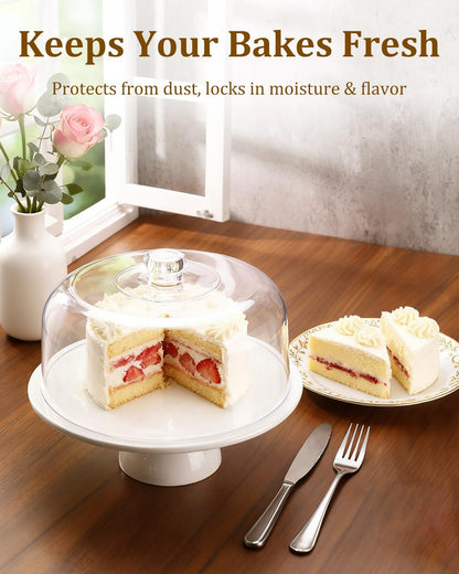 12 Inch Porcelain Cake Stand with Dome, White Round Dessert Stand for Cakes, Cupcakes & Pastries – Elegant Covered Cake Display for Birthday Parties, Weddings & Baby Showers