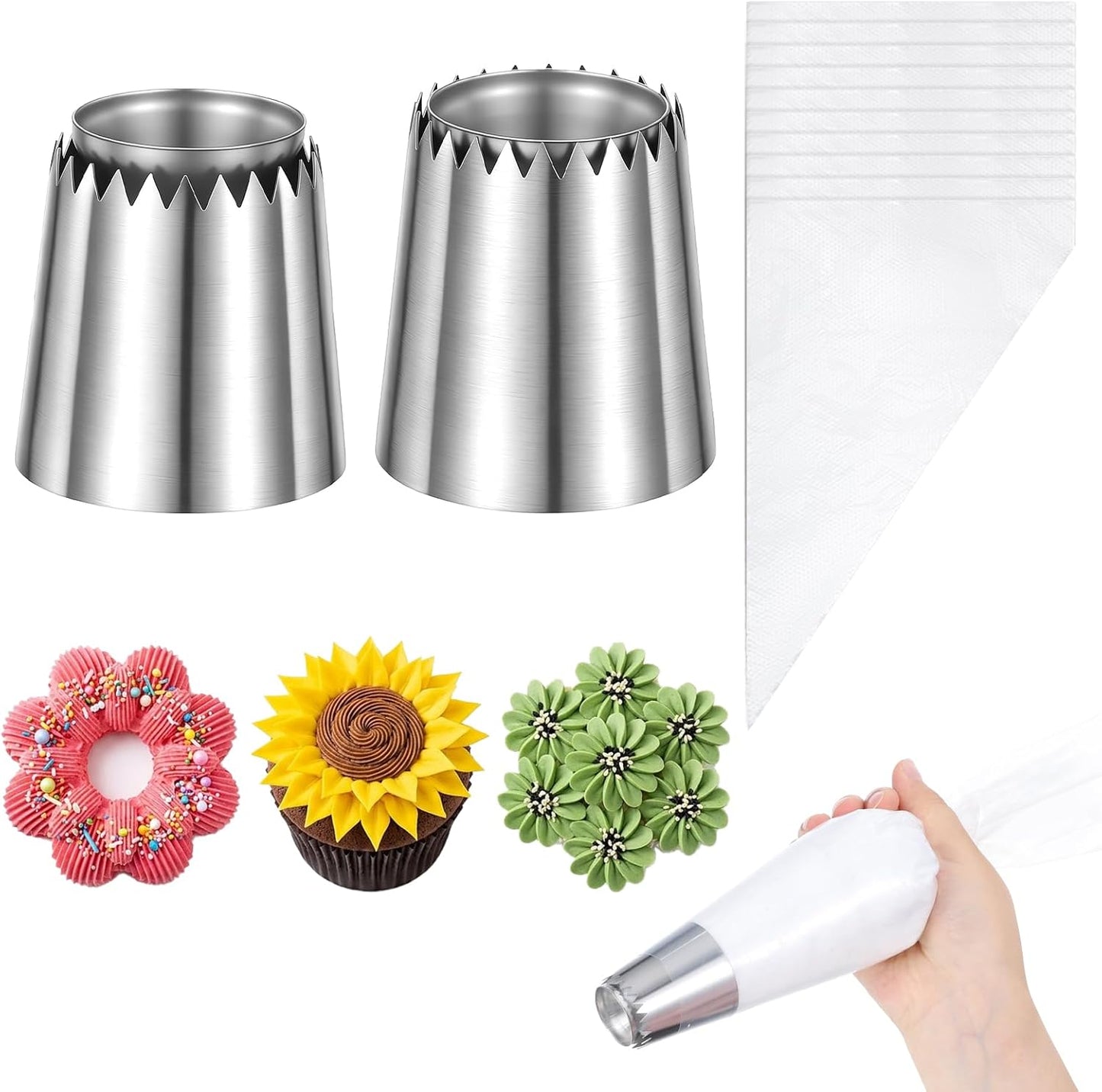 2 PCS Extra Large Piping Tips Stainless Steel Big Grass Piping Tip Cake Decorating Tips for Cupcakes, Cake, Cookie and Decorating