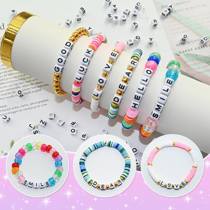 Amaney 1400pcs Glow Letter Beads, Heart Beads Whit Elastic Beading Cord,4x7mm Round Acrylic Alphabet Beads for Friend Bracelet Jewelry Making